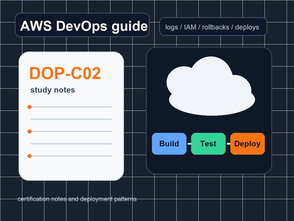 Illustration of AWS DevOps certification notes and a build, test, deploy pipeline.