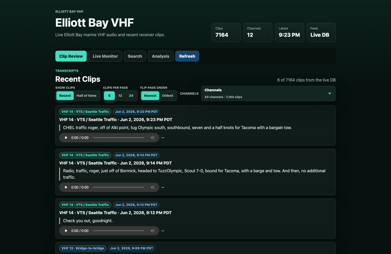 Production Clip Review desktop screenshot for Elliott Bay VHF