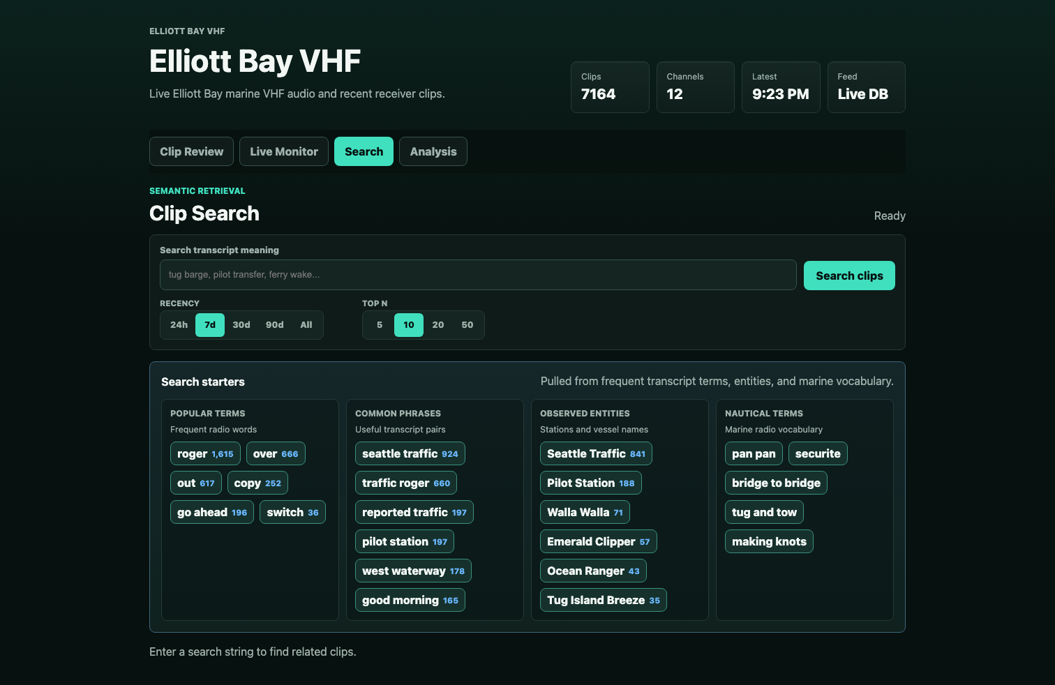 Production Search desktop screenshot for Elliott Bay VHF