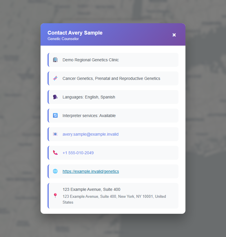 Example contact detail modal for Avery Sample showing invented institution, specialty, language, interpreter, email, phone, website, and address fields.