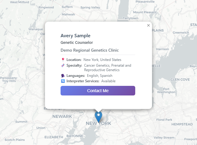 Example provider detail popup for Avery Sample showing role, institution, location, specialty, languages, interpreter services, and a contact button.