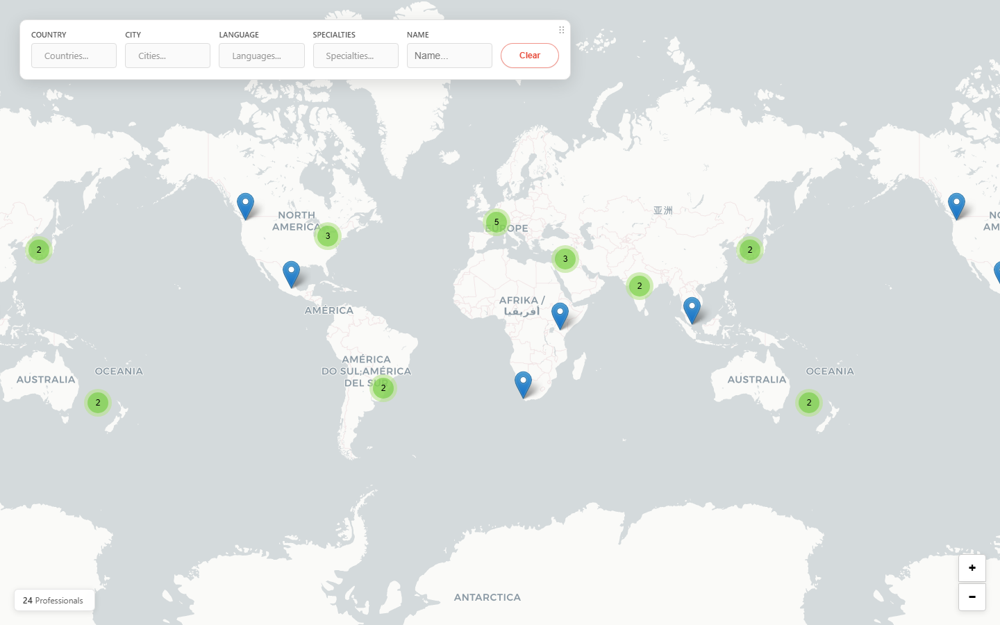 Example desktop screenshot of the genetics professionals app showing a global map, clustered markers, and filter controls.