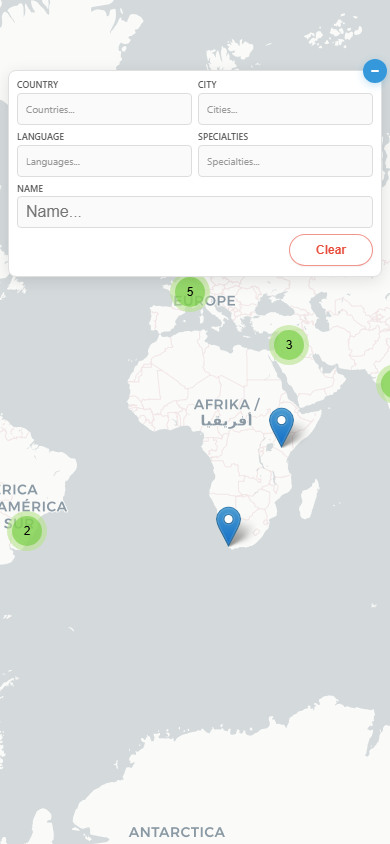 Example mobile screenshot of the genetics professionals app with compact filters above the map.