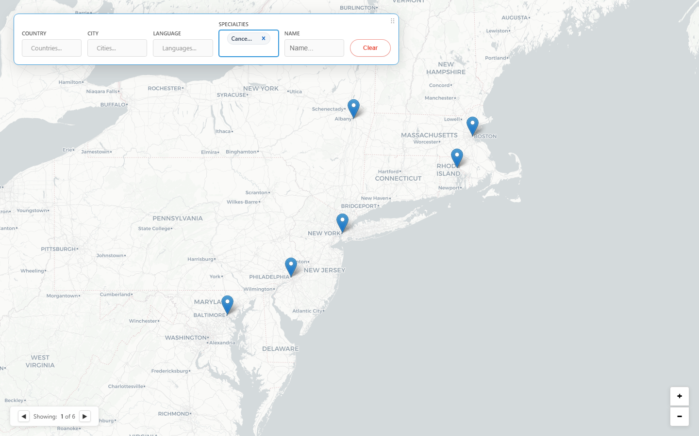 Example desktop screenshot of the genetics professionals app after applying a specialty filter, focused on a Northeast regional map view.