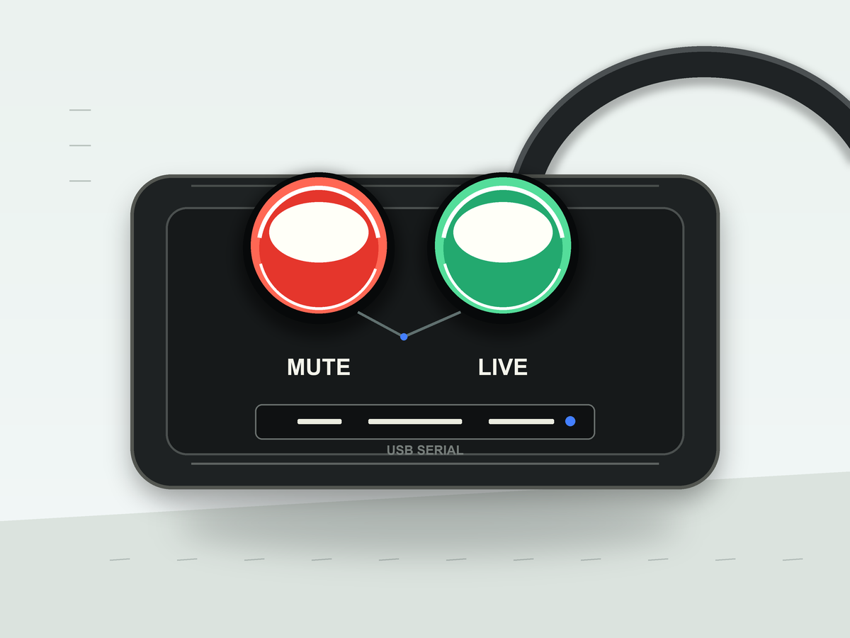 Minimal illustration of a two-button hardware mute controller with red mute and green live buttons.